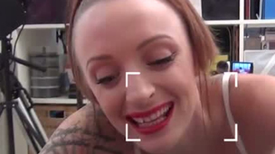 Red haired inked slut Paige Fox gives solid blowjob to her freaky 4 eyed BF on camera